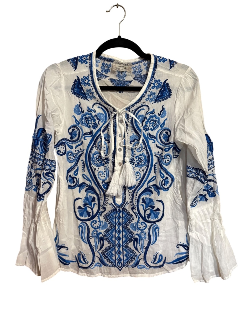 White Peasant Blouse with Blue Embroidery and Tassel Tie